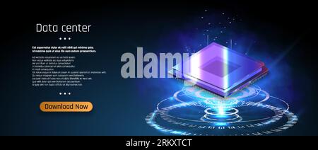 Futuristic microchip processor with lights on the blue background. Quantum computer, computer processor with digital chip and electronic components on Stock Vector