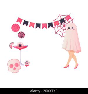 Halloween frame pink, party, ghost girl and cocktail . Vector illustration Stock Vector