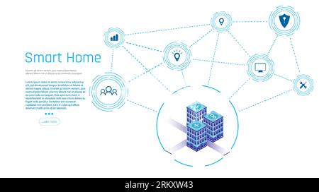 Banner of Smart Home technology. The building consists of numbers and is connected by icons of household smart devices. Intelligent home management sy Stock Vector