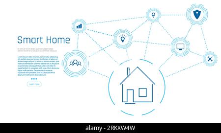 Banner of Smart Home technology. The building consists of numbers and is connected by icons of household smart devices. Intelligent home management sy Stock Vector