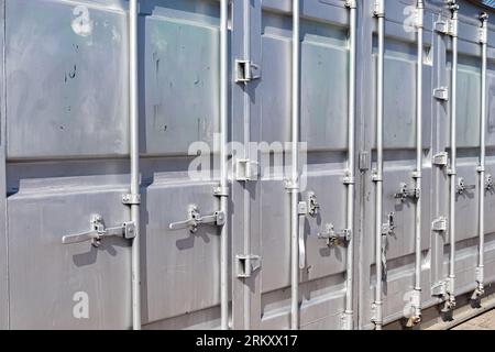 Detailed Close Up View On Metal And Steel Surfaces On A Silver Cargo Containter Stock Photo