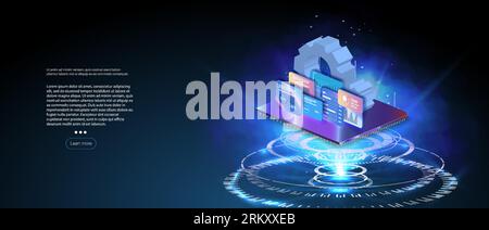 microchip processor with lights on the blue background. Quantum computer, large data processing, database concept. CPU isometric banner. Central Compu Stock Vector