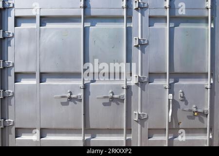Detailed Close Up View On Metal And Steel Surfaces On A Silver Cargo Containter Stock Photo