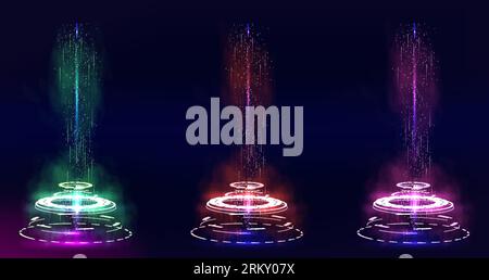 Futuristic digital portals with neon glow and hologram effect. Magic circle  and square podiums, fantasy teleport platforms with color light beams and  sparkles, vector realistic set Stock Vector Image & Art 