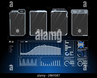 design elements, perspective grid, tunnel, circle. Black and white retro cyberpunk style. Futuristic info boxes layout templates. Collection of modern Stock Vector