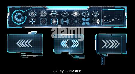 design elements, perspective grid, tunnel, circle. Black and white retro cyberpunk style. Futuristic info boxes layout templates. Collection of modern Stock Vector