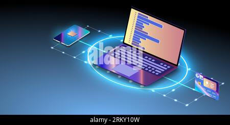 Laptop with shield,  cyber Security concept.  3D laptop and cloud data under the protection. Cyber security, shield lock in futuristic Stock Vector