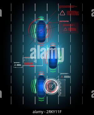 Driving control system without driver assistance. Safe driving. Vector Futuristic car user interface. HUD UI. Hologram of the car, scanning. Abstract Stock Vector