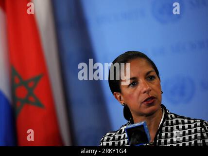 Bildnummer: 59120978  Datum: 22.01.2013  Copyright: imago/Xinhua (130122) -- NEW YORK, Jan. 22, 2013 (Xinhua) -- Susan Rice, U.S. permanent representative to the United Nations, speaks to the press after a Security Council meeting at the UN headquarters in New York, the United States, Jan. 22, 2013. The UN Security Council on Tuesday condemned the satellite launch on Dec. 12 by the Democratic People s Republic of Korea (DPRK), saying that Pyongyang used ballistic missile technology and was in violation of resolutions 1718 (2006) and 1874 (2009). (Xinhua/Shen Hong) US-UN-DPRK-SATELLITE LAUNCH-R Stock Photo