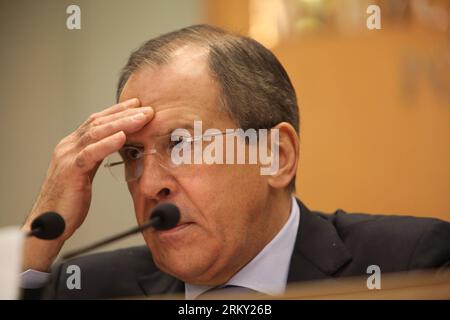 Bildnummer: 59123114  Datum: 23.01.2013  Copyright: imago/Xinhua (130123) -- MOSCOW, Jan. 23, 2013 (Xinhua) -- Russia s Foreign Minister Sergei Lavrov attends an annual press conference in Moscow, Russia, Jan. 23, 2013. (Xinhua/Pavel) (zf) RUSSIA-MOSCOW-PRESS CONFERENCE-FOREIGN MINISTER-LAVROV PUBLICATIONxNOTxINxCHN People Politik x0x xrj 2013 quer      59123114 Date 23 01 2013 Copyright Imago XINHUA  Moscow Jan 23 2013 XINHUA Russia S Foreign Ministers Sergei Lavrov Attends to Annual Press Conference in Moscow Russia Jan 23 2013 XINHUA Pavel ZF Russia Moscow Press Conference Foreign Ministers Stock Photo