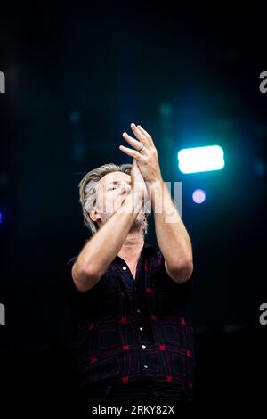Paris, France. 25th Aug, 2023. Bertrand Belin performs on stage during the live concert. The second day of 20th edition of the French music festival Rock en Seine has been headlined by the British Placebo, at Domaine National de Saint-Cloud. Credit: SOPA Images Limited/Alamy Live News Stock Photo
