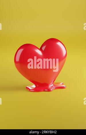 Melted red heart isolated on yellow background. 3d illustration. Stock Photo