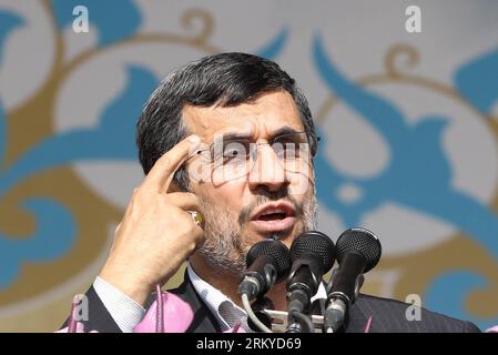 (130210) -- TEHRAN, Feb. 10, 2013 (Xinhua) -- Iranian President Mahmoud Ahmadinejad speaks during a rally to mark the 34th anniversary of the Islamic revolution at Azadi (liberty) Square in Tehran, Iran, Feb. 10, 2013. Hundreds of thousands of Iranians, carrying flags and banners in support of the Islamic administration, celebrated nationwide the 34th anniversary of the Islamic revolution on Sunday. (Xinhua/Ahmad Halabisaz) (zcc) IRAN-TEHRAN-ISLAMIC REVOLUTION-34TH ANNIVERSARY PUBLICATIONxNOTxINxCHN   130210 TEHRAN Feb 10 2013 XINHUA Iranian President Mahmoud Ahmadinejad Speaks during a Rally Stock Photo