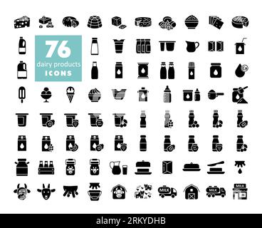 Milk, dairy products vector glyph icon set. Graph symbol for cooking web site and apps design, logo, app, UI Stock Vector