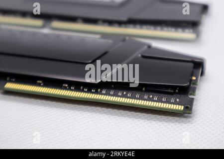 DDR4 DRAM memory modules. Computer RAM chip close-up on white. Desktop PC memory parts for assemble Stock Photo