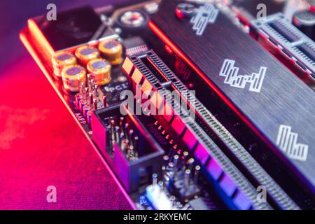 Motherboard with sockets close-up on modern powerful desktop PC ...