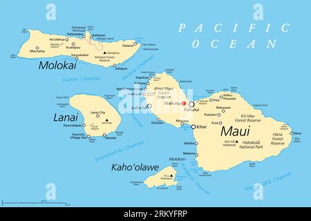 Maui County in the U.S. state Hawaii, political map, with Wailuku as seat. Consisting of the islands of Maui, Lanai, Molokai, Kahoolawe and Molokini. Stock Photo