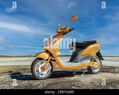 3d rendering of electric moped parked outdoors against blue sky Stock Photo