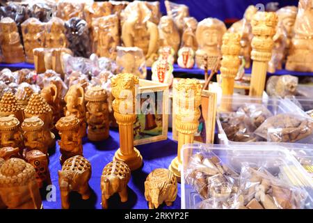 Handmade creative Wooden art and craft shop in India,beautiful wooden crafts Stock Photo