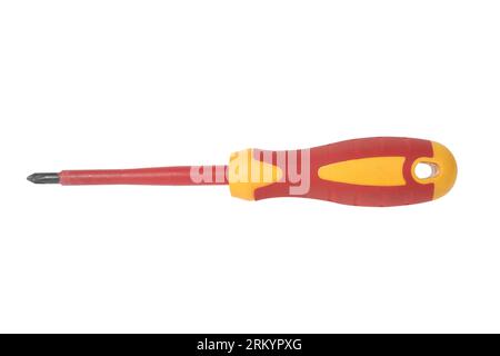Orange red plastic dielectric screwdriver for electrical work with insulated tip isolated Stock Photo