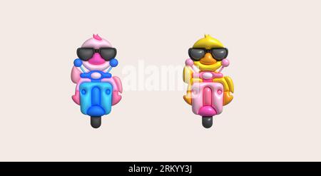3D illustration duck wearing dark glasses driving a motorcycle. minimal style. Stock Vector