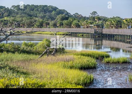 Big Talbot Island State Park boardwalk on Spoonbill Pond along Florida A1A Scenic & Historic Coastal Byway in Jacksonville, Florida. (USA) Stock Photo