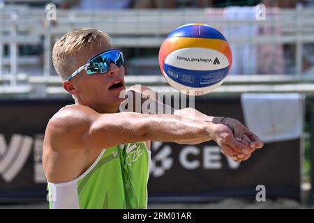 Brno, Czech Republic. 26th Aug, 2023. Matyas Dzavoronok (CZE) in action during the Brno Beach Pro 2023 tournament, part of the Beach Pro Tour world series, Futures category, on August 26, 2023, on the Brno Dam, Czech Republic. Credit: Vaclav Salek/CTK Photo/Alamy Live News Stock Photo