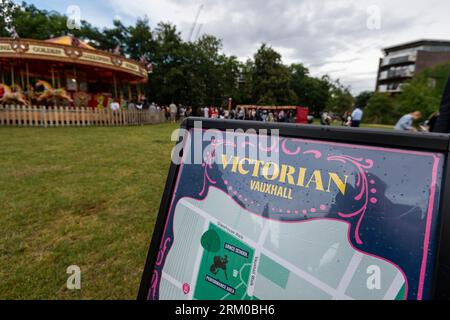 London, UK.  26 August 2023. Signage at Victorian Vauxhall, a Victorian themed fair in the Pleasure Gardens in Vauxhall taking visitors back to the area’s Victorian past over the Bank Holiday Weekend.  Credit: Stephen Chung / Alamy Live News Stock Photo