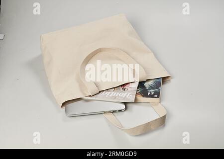 beautiful isolated picture of a multiple use cotton grocery bag. eco-friendly bag. Stock Photo