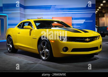 NEW YORK, March 2013 - A Chevrolet Camaro RS coupe is on display during press preview of the 2013 New York International Auto Show in New York, on March 27, 2013. The show features about 1,000 vehicles and will open to the public from March 29 to April 7. Xinhua/Niu Xiaolei US-NEW YORK-AUTO SHOW-MUSCLE CAR PUBLICATIONxNOTxINxCHN Stock Photo
