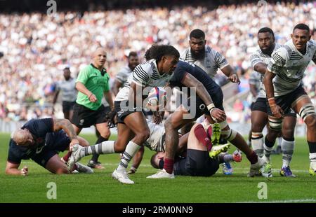 Fiji’s Simione Kuruvoli breaks through to score his sides third try during the Summer Nations Series match at Twickenham Stadium, London. Picture date: Saturday August 26, 2023. Stock Photo