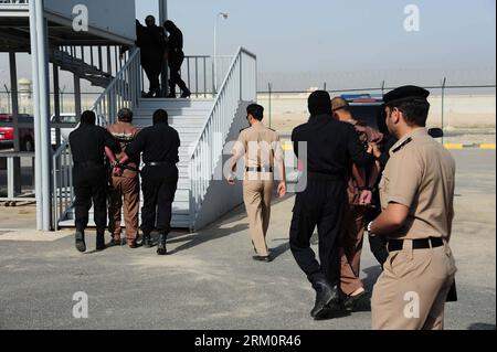 Bildnummer: 59465101  Datum: 01.04.2013  Copyright: imago/Xinhua (130401) -- KUWAIT CITY, APRIL 1, 2013 (Xinhua) -- Three men are walked up on to the scaffolding before being executed by hanging in west of Kuwait City, capital of Kuwait, on April 1, 2013. Three convicted murderers, a Pakistani, a Saudi and a stateless Arab, were hanged on Monday. It s the first executions in Kuwait since May 2007, according to the ministry of justice. (Xinhua/Noufal Ibrahim) (jl) KUWAIT-MURDERER-EXECUTION PUBLICATIONxNOTxINxCHN Gesellschaft Kriminalität Mörder erhängt Exekution Hinrichtung erhängen Tötung x0x Stock Photo