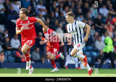 West Bromwich, UK. 26th Aug, 2023. Middlesborough's Matt Crooks is chased by West Bromwich Albion's Jayson Molumby during the EFL Sky Bet Championship match between West Bromwich Albion and Middlesbrough at The Hawthorns, West Bromwich, England on 26 August 2023. Photo by Stuart Leggett. Editorial use only, license required for commercial use. No use in betting, games or a single club/league/player publications. Credit: UK Sports Pics Ltd/Alamy Live News Stock Photo