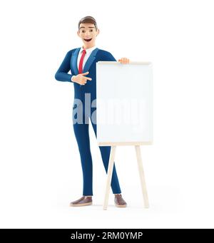 3d cartoon businessman pointing to wooden easel with blank canvas, illustration isolated on white background Stock Photo