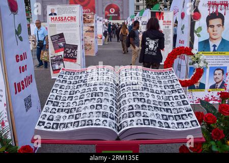 London, England, UK. 26th Aug, 2023. A memorial and exhibition in Marble Arch on the 35th anniversary of the 1988 massacre of political prisoners in Iran. Some estimates state that 30,000 people have been killed. (Credit Image: © Vuk Valcic/ZUMA Press Wire) EDITORIAL USAGE ONLY! Not for Commercial USAGE! Credit: ZUMA Press, Inc./Alamy Live News Stock Photo