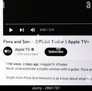 London, UK. 26th Aug, 2023. Viewers tuned in to watch the first trailer for director John Carney’s new film “Flora and Son” both online and on the Apple TV streaming platform. As of today, the Sundance darling, to be released in select theatres before being made available on streaming, has over 10 million views on Apple TV’s official YouTube channel. Credit: Aldercy Carling/ Alamy Live News Stock Photo