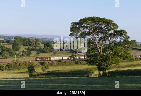 GB Railfreight class 69 diesel locomotive 69001 on the west coast mainline passing the Cumbrian countryside with a weed killing train Stock Photo