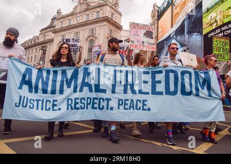 London, England, UK. 26th Aug, 2023. Protesters in Piccadilly Circus. Crowds marched through central London during the National Animal Rights March, demanding an end to all forms of animal exploitation and abuse, and in support of animal rights and veganism. (Credit Image: © Vuk Valcic/ZUMA Press Wire) EDITORIAL USAGE ONLY! Not for Commercial USAGE! Credit: ZUMA Press, Inc./Alamy Live News Stock Photo