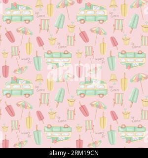 Seamless pattern design with Ice cream car and sweets. Hand-drawn illustration. Digital Stock Photo