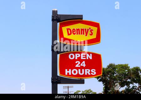 Los Angeles, California: DENNY'S Restaurant. It's an American table service diner-style restaurant chain Stock Photo