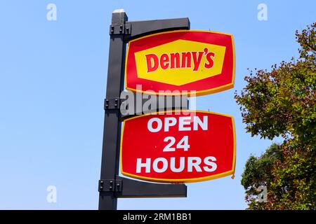 Los Angeles, California: DENNY'S Restaurant. It's an American table service diner-style restaurant chain Stock Photo