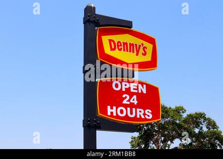 Los Angeles, California: DENNY'S Restaurant. It's an American table service diner-style restaurant chain Stock Photo