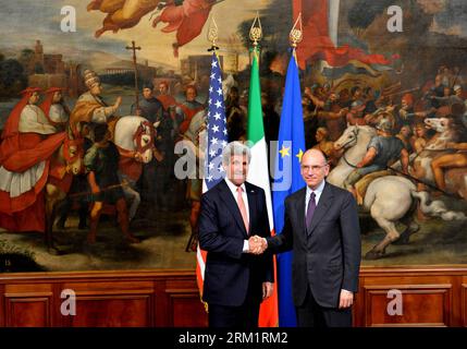 Bildnummer: 59623961  Datum: 09.05.2013  Copyright: imago/Xinhua (130509) -- ROME, May 9, 2013 (Xinhua) -- Italian Prime Minister Enrico Letta (R) meets with U.S. Secretary of State John Kerry in Rome on May 9, 2013, regarding the creation of a free trade area between EU and U.S. and the cooperation between Italy s new government and U.S..(Xinhua/Xu Nizhi) ITALY-US-KERRY-VISIT PUBLICATIONxNOTxINxCHN Politik people xas x0x 2013 quer premiumd      59623961 Date 09 05 2013 Copyright Imago XINHUA  Rome May 9 2013 XINHUA Italian Prime Ministers Enrico Letta r Meets With U S Secretary of State John Stock Photo