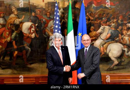 Bildnummer: 59623959  Datum: 09.05.2013  Copyright: imago/Xinhua (130509) -- ROME, May 9, 2013 (Xinhua) -- Italian Prime Minister Enrico Letta (R) meets with U.S. Secretary of State John Kerry in Rome on May 9, 2013, regarding the creation of a free trade area between EU and U.S. and the cooperation between Italy s new government and U.S..(Xinhua/Xu Nizhi) ITALY-US-KERRY-VISIT PUBLICATIONxNOTxINxCHN Politik people xas x0x 2013 quer premiumd      59623959 Date 09 05 2013 Copyright Imago XINHUA  Rome May 9 2013 XINHUA Italian Prime Ministers Enrico Letta r Meets With U S Secretary of State John Stock Photo