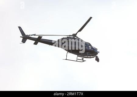 GER, Deutschland Tour, Stage 3, Arnsberg - Essen. 26.08.2023.  Television production Helicopter circles above the race in central Essen.  Credit: newsNRW / Alamy Live News Stock Photo