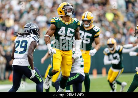 Green Bay Packers linebacker Eric Wilson (45) runs up the field during an  NFL football game against the New York Giants at Tottenham Hotspur Stadium  in London, Sunday, Oct. 9, 2022. The