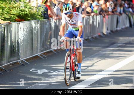 GER, Deutschland Tour, Stage 3, Arnsberg - Essen. 26.08.2023.  Anthony Turgis (TotalEnergies) crosses the line dejected after surrendering the stage lead.   Credit: newsNRW / Alamy Live News Stock Photo
