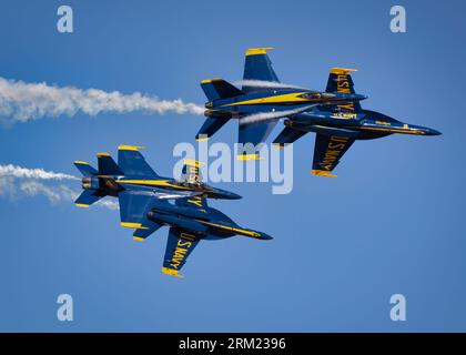 The US Navy Blue Angels perform at the 2022 Miramar Airshow in San Diego, California. Stock Photo
