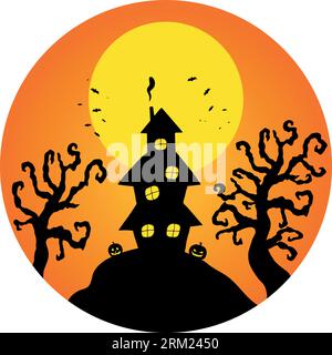 Witch or haunted house silhouette on the hill in a round shaped background. House, full moon, bats and pumpkins outline. Happy Halloween. Vector illus Stock Vector