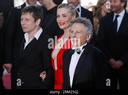 Bildnummer: 59701287  Datum: 25.05.2013  Copyright: imago/Xinhua (130525) -- CANNES, May 25, 2012 (Xinhua) -- Director Roman Polanski (R) attends the premiere of his film Venus in Fur with actor Mathieu Amalric (L) and actress Emmanuelle Seigner at the 66th Cannes Film Festival in Cannes, southern France, May 25, 2013. (Xinhua/Zhou Lei) FRANCE-CANNES-FILM FESTIVAL-COMPETITION-VENUS IN FUR PUBLICATIONxNOTxINxCHN Kultur Entertainment People Film 66 Internationale Filmfestspiele Cannes Filmpremiere Premiere xsp x0x 2013 quer      59701287 Date 25 05 2013 Copyright Imago XINHUA  Cannes May 25 2012 Stock Photo